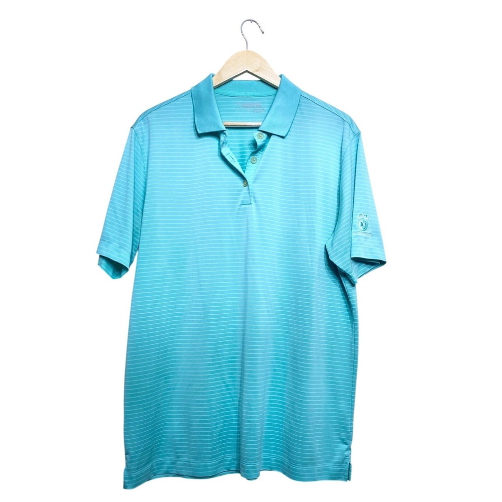 Nike Golf Tour‎ Performance Mens Large Aqua Blue Striped Dri-FIT Polo Shirt L